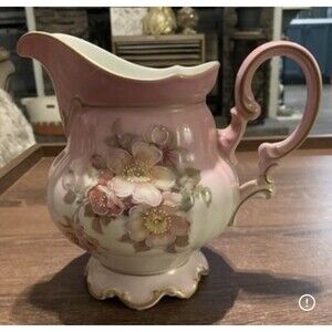 German Imperial Porcelain Hand Painted Tea Coffee Pitcher Pink Gold Floral MCM